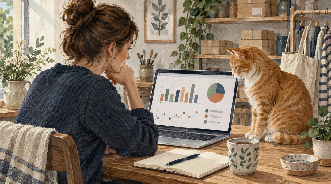 Кот рядом с ноутбуком, на котором показаны абстрактные графики аналитики