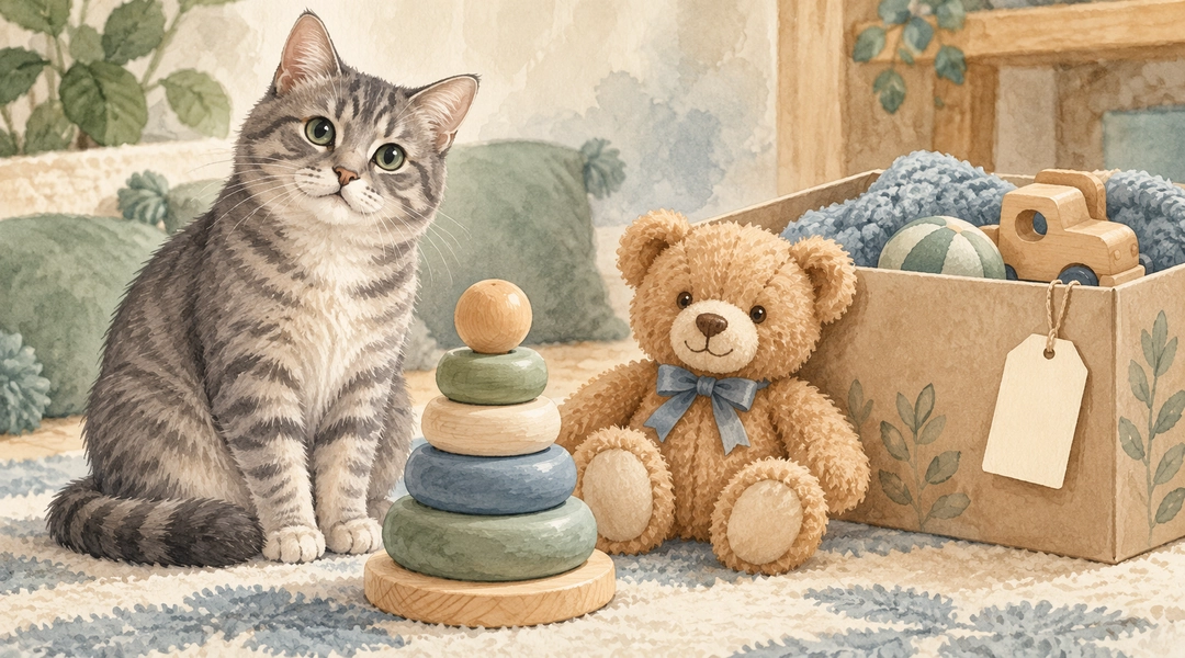 Кот раскладывает игрушечные кубики и проверяет небольшие коробки на столе.