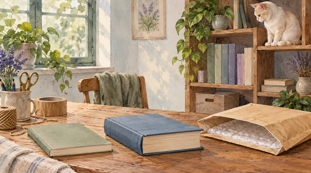 Светлый кот сидит на верхней правой книжной полке и смотрит на книги и защитную почтовую упаковку