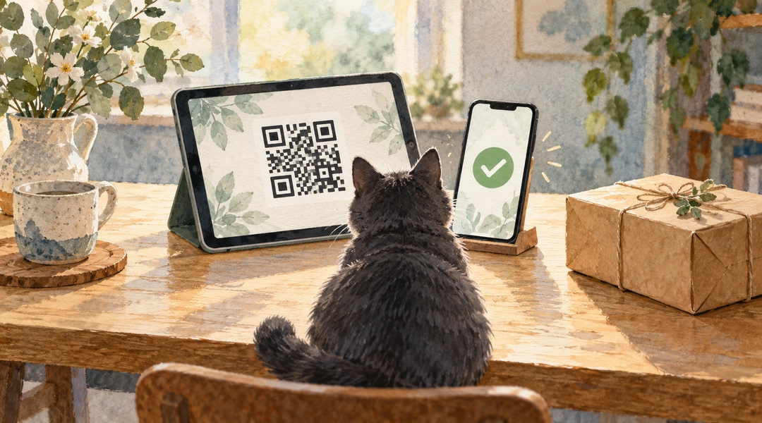 Кот у прилавка рассматривает телефон и небольшую карточку с условным кодом оплаты.