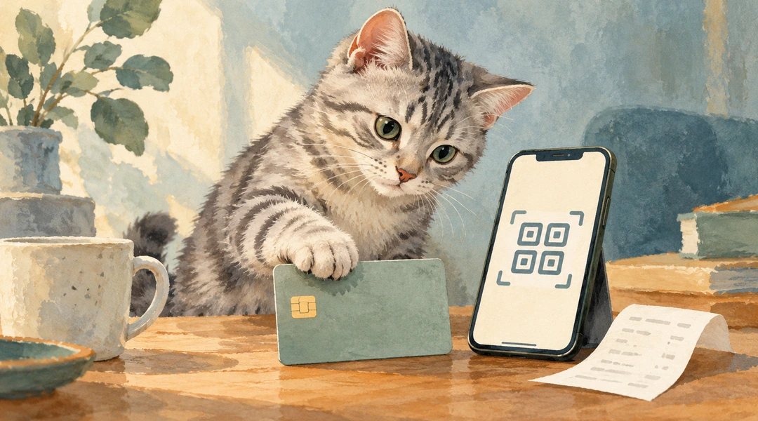 Серебристый кот рядом с банковской картой, телефоном с условным QR-кодом и чеком