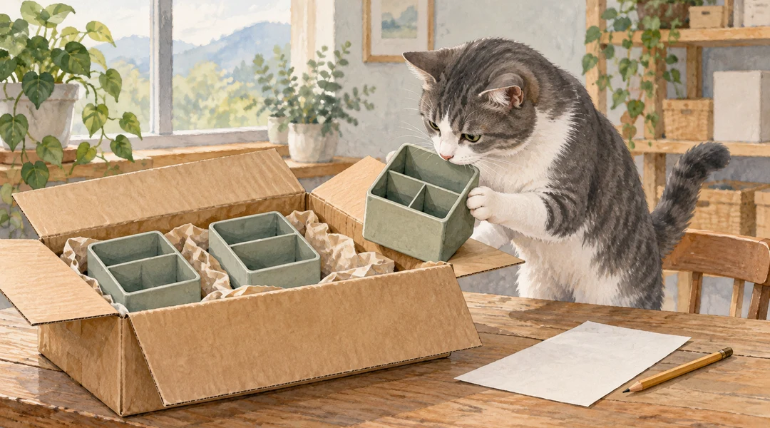 Серо-белый кот осматривает настольный органайзер из первой товарной партии в коробке
