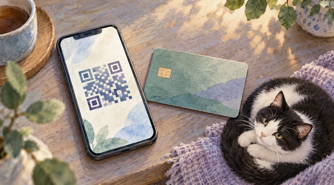 Чёрно-белый кот свернулся справа от смартфона с QR-кодом и банковской карты