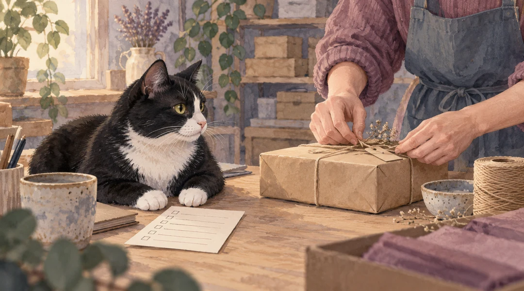 Чёрно-белый кот у карточки задания наблюдает, как помощник упаковывает заказ